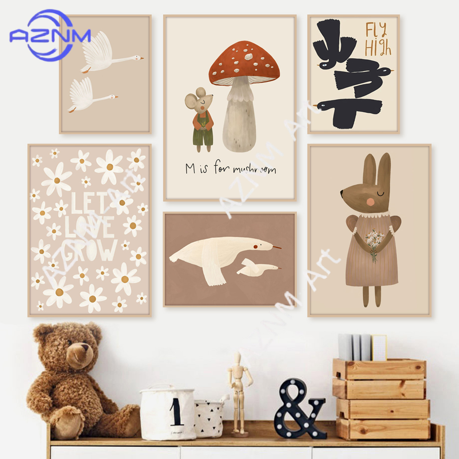 Baby Nursery Pictures - Boho Cartoon Rabbit Mouse Goose Posters
