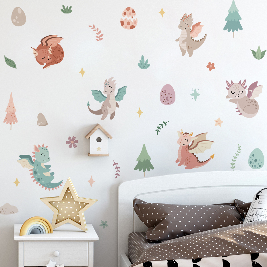 Baby Nursery Set Furniture - Cartoon Dinosaur Flying Dragon Forest Watercolor