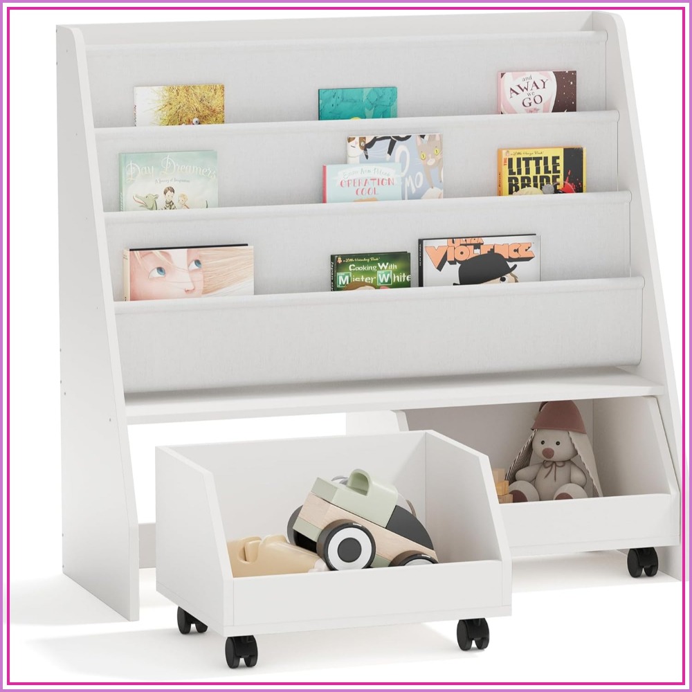 Baby Nursery Drawers - Kids Bookshelf with Two Movable Drawers,
